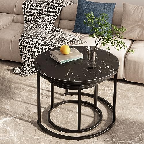 Image of aboxoo Round Nesting Coffee Table Side Set of 2 End Tables for Living Room Bedroom Balcony,Black Faux Marble Wooden Table 23.6IN Accent Large Coffee Table with Steel Frame
