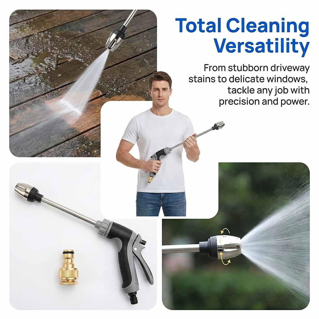 Idropulitrice, pistola ad acqua ad alta pressione, spruzzatore regolabile, pulitore in acciaio inox per lavaggio auto, patio, vialetto e terrazze, strumento di pulizia efficiente