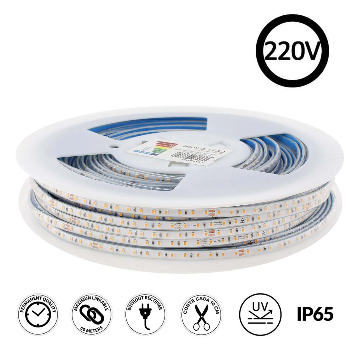 ledbox Tira LED 220V Super Slim SMD2835, 120Led/m, 8W/m, Triac Regulable, Corte 10cm, Carrete 50 Metros, Silicona, Blanco Neutro, IP65, Interior y Exterior
