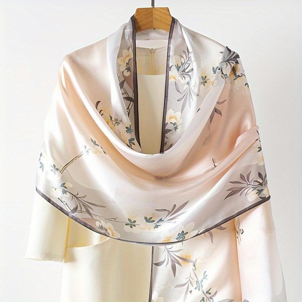SYJYM - Elegante Bufanda de Seda Rosa Claro para Mujer, Seda Morera, diseño Vintage de pájaros y Flores, Chal Transpirable