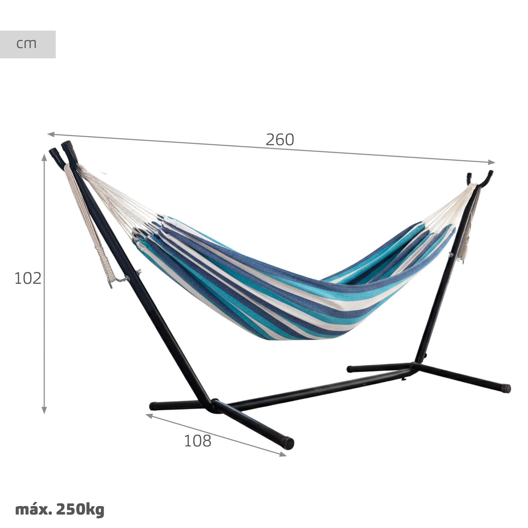 AKTIVE Vivac 63204 Hamac extérieur, 260 x 108 x 102 cm, pour 2 Personnes, Structure en Acier autoportant, Tissu à Rayures Polyester, supporte 250 kg, kit Camping, chaises Longues de Jardin extérieur