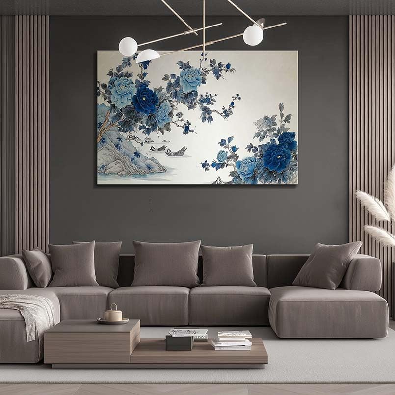 VCBNUGH Decorazione murale con peonia blu, stampa su tela con paesaggio, poster su tela, decorazione per camera da letto/soggiorno (50x70 cm/con cornice)