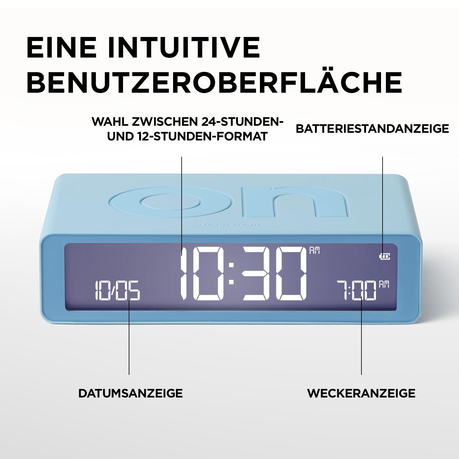 Lexon Flip Classic Digitaler Wecker mit umkehrbaren EIN/Aus-Seiten, wiederaufladbare Nachttischuhr mit LCD-Display, Berührungssensor für Schlummer- und Lichtfunktion – Weiß