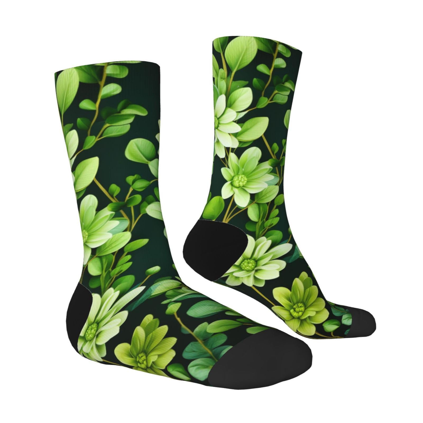 LZQPOEAS Green Floral Athletic Socks Unisex Cushioned Crew Socks Hiking Running Calf Sock Soft Above Ankle Sock