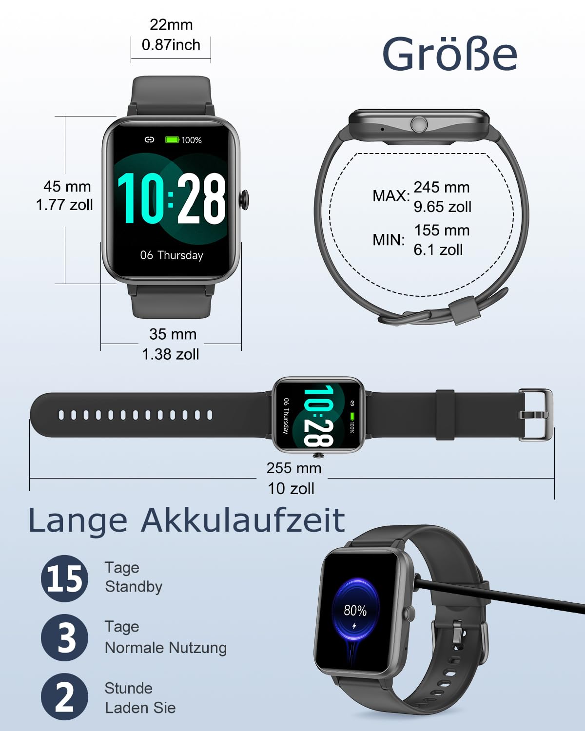 GRV Smartwatch Damen Herren 1.85" HD Fitnessuhr Telefonfunktion SpO2 Herzfrequenz Schlafmonitor Schrittzähler KI-Sprachsteuerung 100+ Sportmodi IP68 Wasserdicht iOS Android