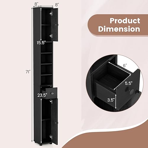 Miniatura 3 de Tangkula Armario de almacenamiento de baño alto y delgado, organizador de gabinete de baño independiente de 71 pulgadas con 2 puertas, 1 cajón y 5