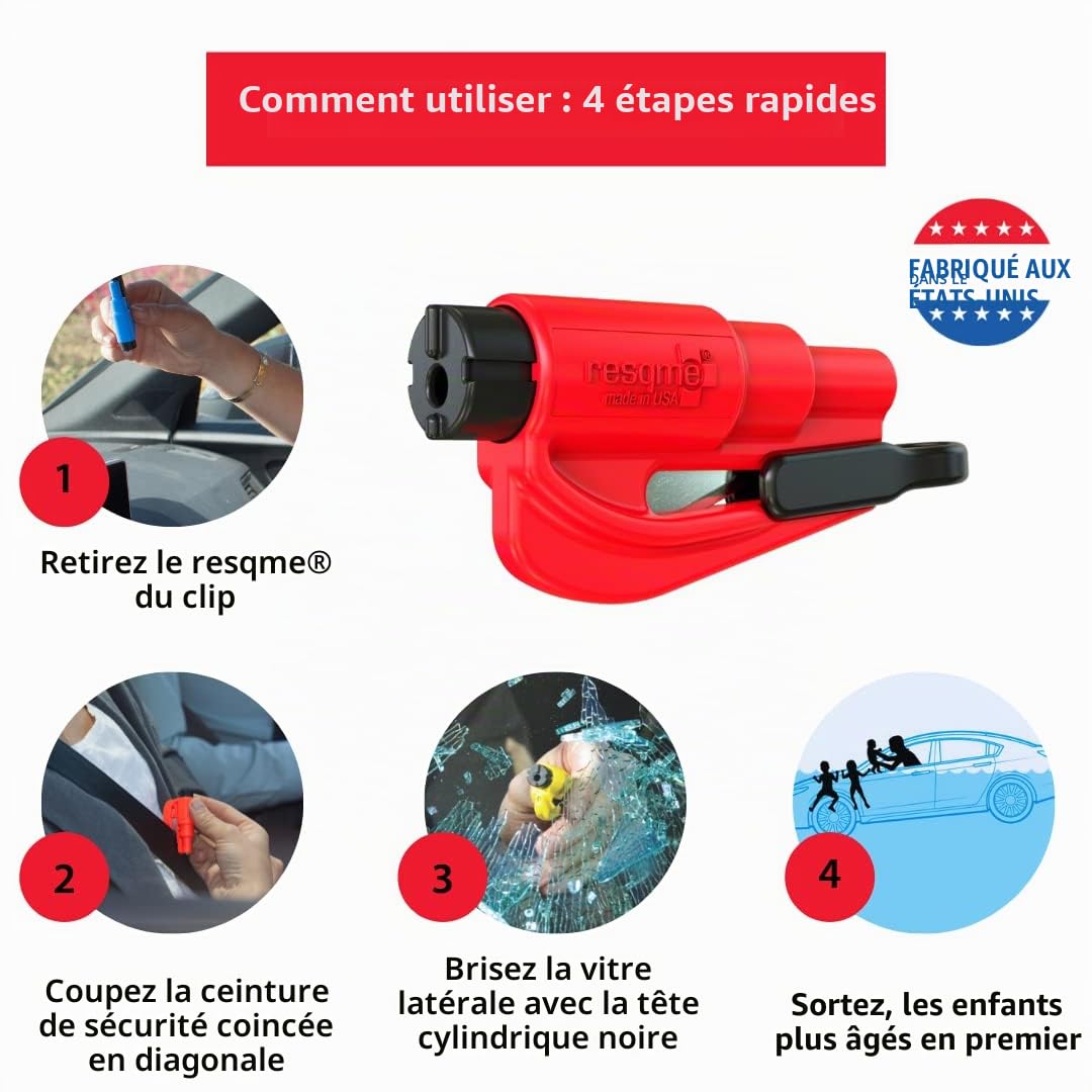 RESQME Porte-Clés Sécurité Voiture, Brise-Vitre et Coupe-Ceinture, Marteau d’Urgence, Fabriqué aux États-Unis, Lot de 6, Bleu et Rouge