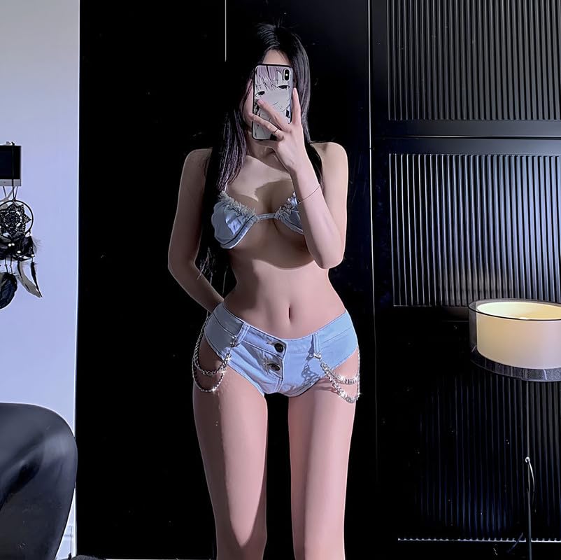 LAFOURAM Womens Denim Bikini Set Sexy Bra and Shorts Summer Date Nigh Coquette 2 Piece Outfits3