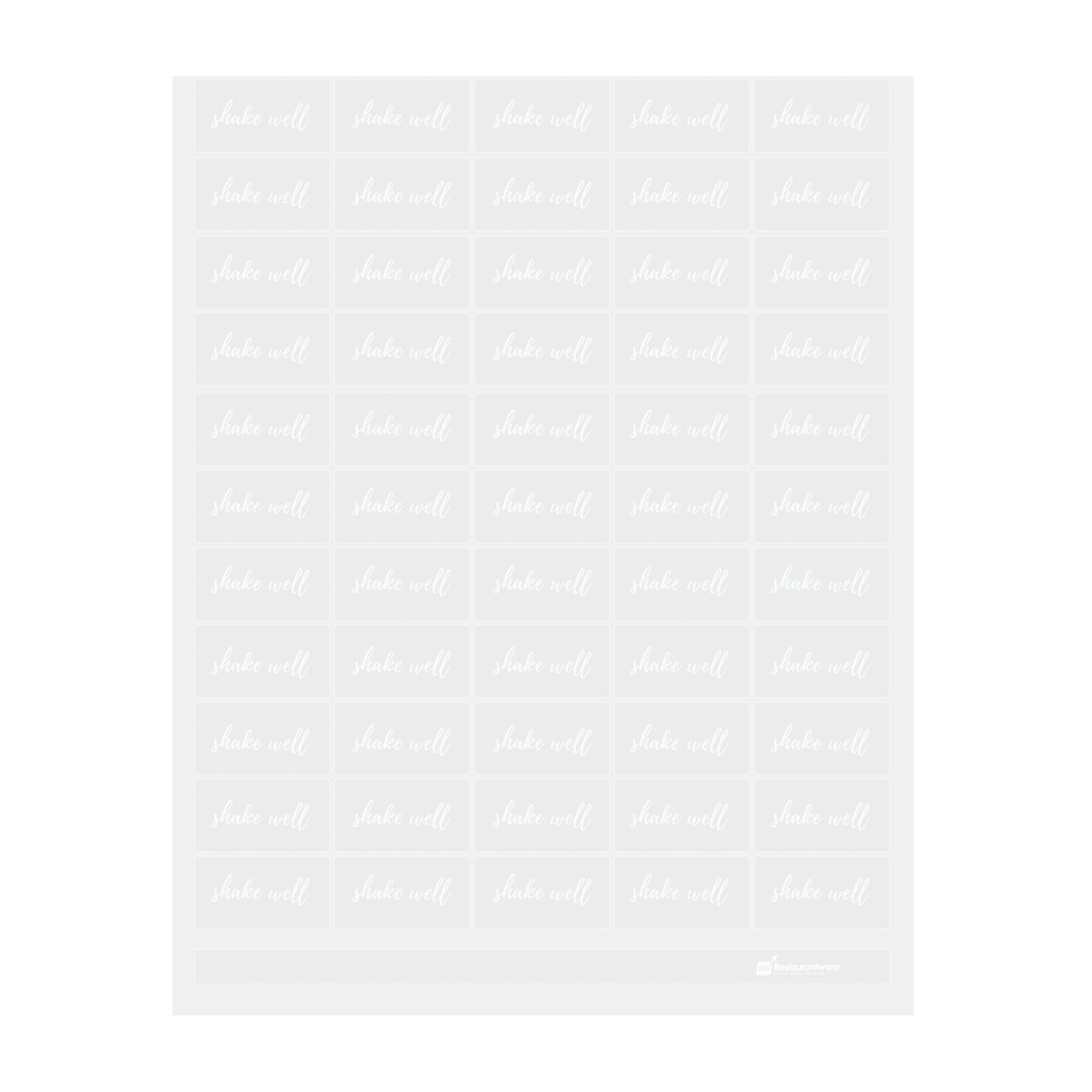 Restaurantware Label Tek 1.9 x 1 Inch Shake Well Juice Bottle Labels 100 Water-Resistant Labels For Bottles - Self-Adhesive Clear With White Font