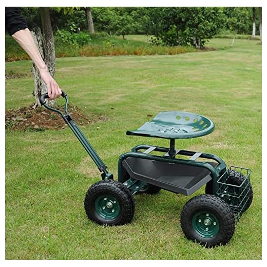 Dporticus Rolling Garden Steerable Tool Cart Scooter with Extendable Steer Handle,360 Swivel Seat and Tool Storage Basket, Green
