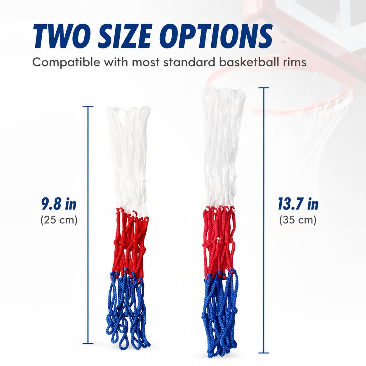 Basketballkorbnetz aus Nylon, 8 Schlaufen, Standard, langlebig, Ersatznetz, professionelles Wettkampfnetz, Weiß, Rot, Blau, 2 Stück