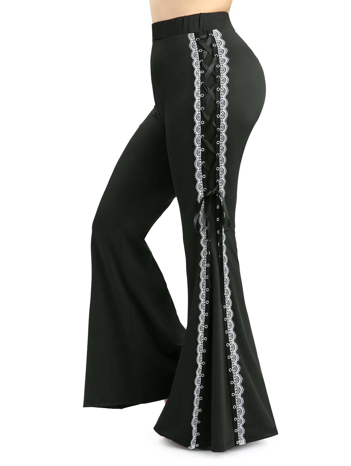 ROSE GAL Plus Size Women Elastic High Waisted Flare Pants Lace-up Lace Hem Bell Bottom Pants