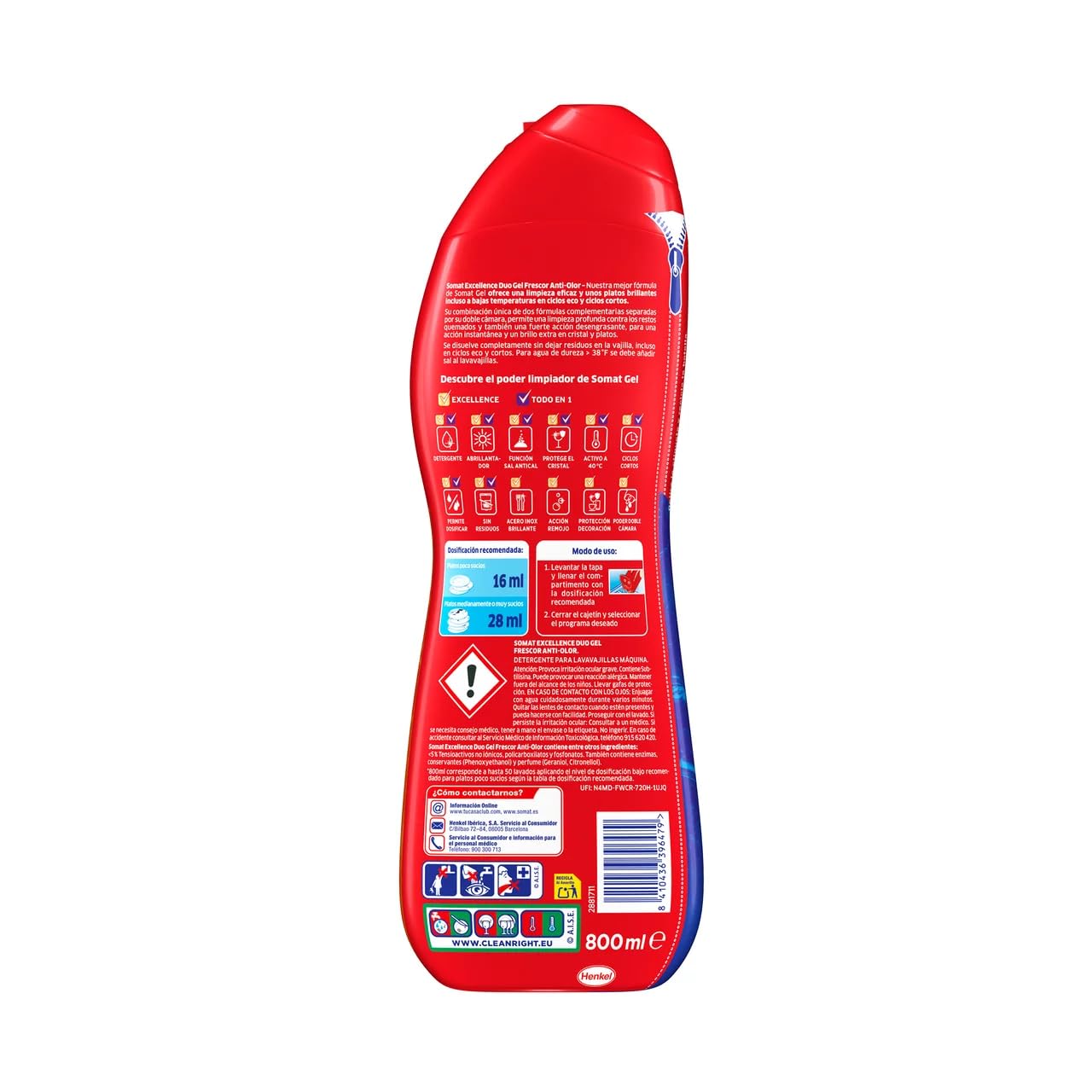 Excellence Duo Gel Detersivo per lavastoviglie in gel con 4 azioni di pulizia 800 ml, 50 applicazioni, confezione da 4