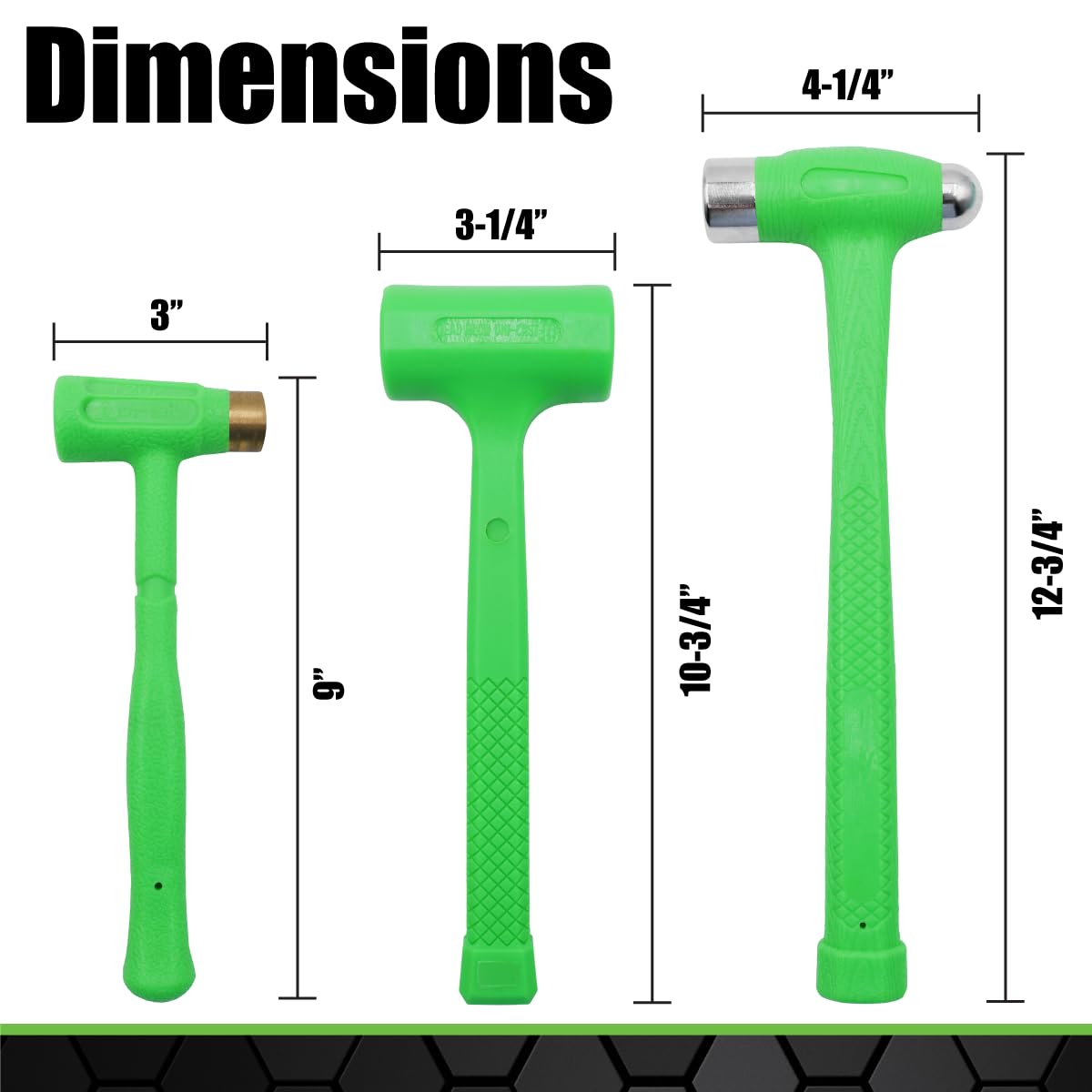 Grip - Juego de 3 martillos de golpe muerto – Martillo de latón de 12 onzas, martillo de bola de 1 libra, mazo de golpe muerto de 1/2 libra – hogar, garaje, taller