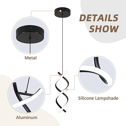 Miniatura 8 de CANEOE Lámpara colgante LED en espiral, luz blanca fría de 15 W, moderna lámpara colgante LED integrada, lámpara de isla ajustable para sala de