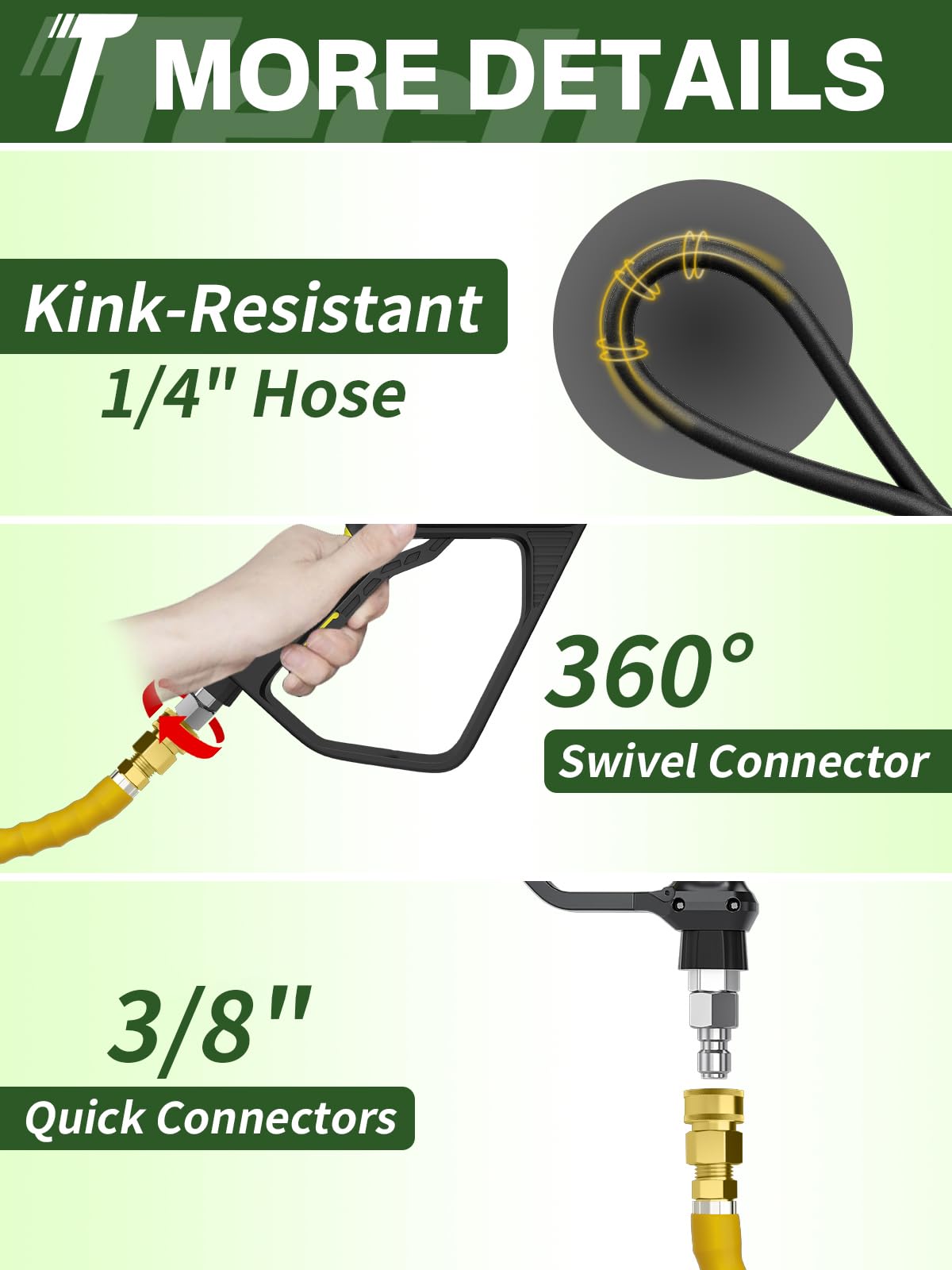 Wąż do myjki ciśnieniowej 4200PSI 3200PSI z obrotowym szybkozłączką 3/8 cala do zimnej/ciepłej wody, odporny na zagięcia drut stalowy, odporny na zużycie wąż do myjki z 2 zestawami