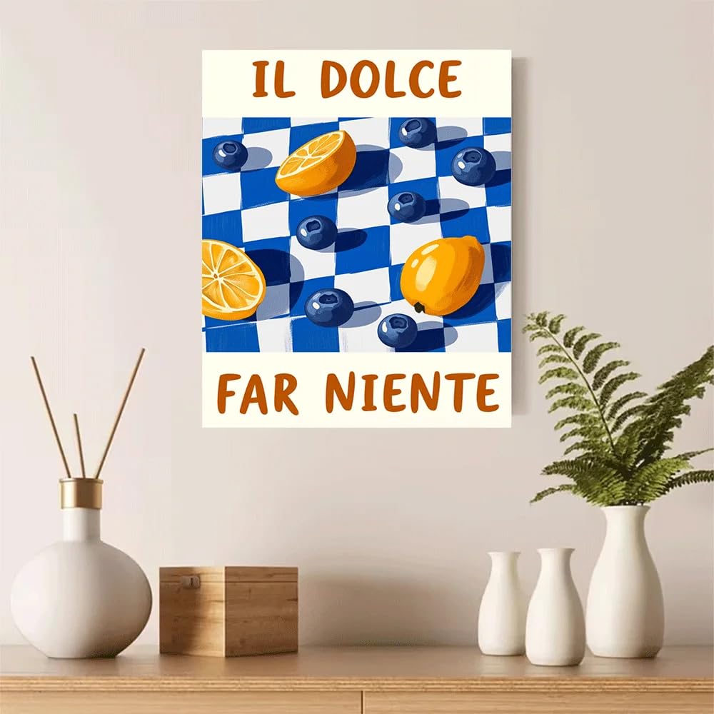 GKUVBF Toile imprimée à carreaux citron et myrtilles d'été italien, affiche décorative botanique de fruits frais (60x80cm/cadre intérieur)