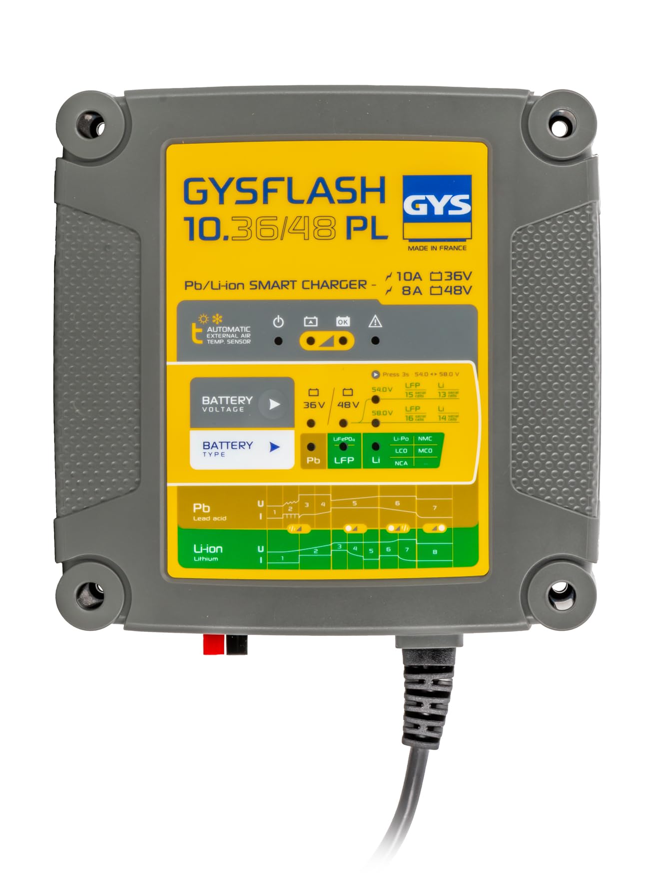 GYS, GYSFLASH 10.36/48 PL, Chargeur de Batterie Intelligent Plomb & Lithium (LiFePO4, Li-ION), 8A/10A, Véhicules 36V/48V (Vélo électrique, Voiturette Golf), Maintien de Charge Sécurisé, Désulfatation