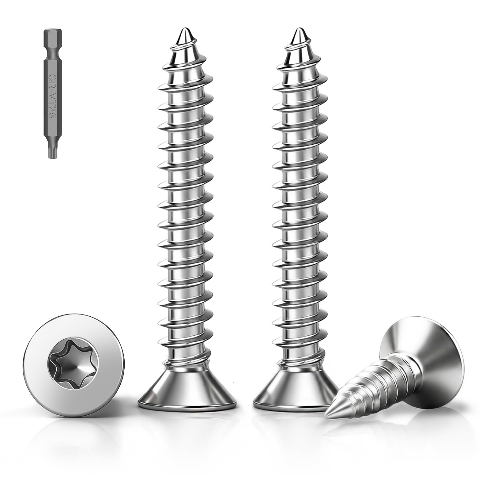 PDKKFF 100 Stück Senkkopf Holzschrauben Torx M5x60mm Edelstahl A2 V2A | Senkkopfschrauben Holz, M5 Edelstahlschrauben Vollgewinde mit Schraubendreher Bit für Möbelmontage Gartengestaltung DIY