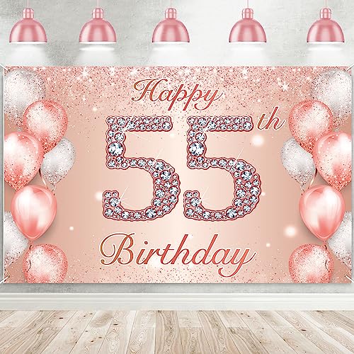 Image of Happy 55th Birthday Rose Gold Banner Cheers to 55 Years Old Backdrop Confetti Balloons Theme Decor for Women 55 Years Old Pink Birthday Party Decorations Bday Supplies Background Favors Gift Glitter