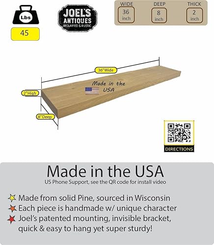 Vista 117 de joelsantiques - Estante rústico y contemporáneo con soportes, pino macizo, hecho a mano en Estados Unidos, 2 pulgadas de grosor x 8 pulgadas de Gris