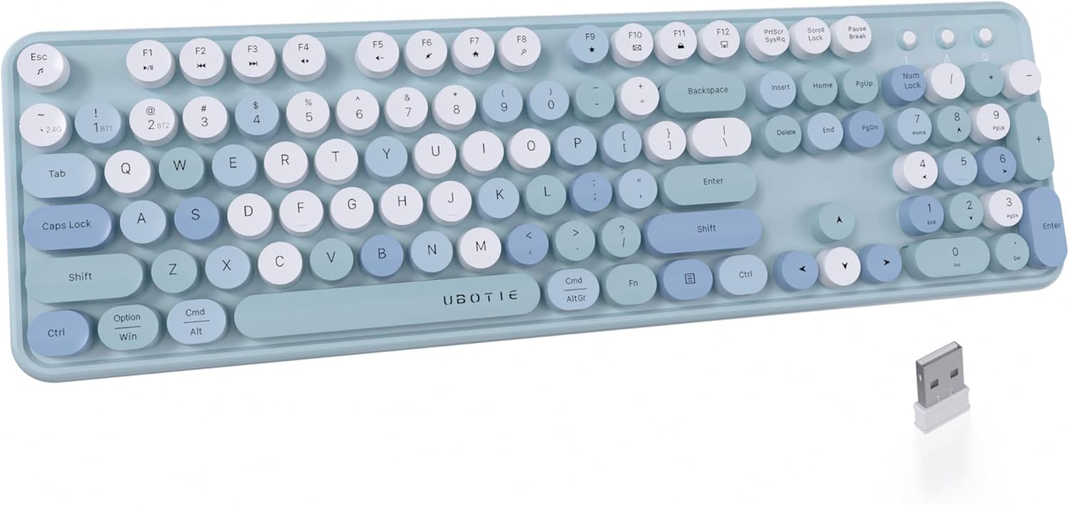 UBOTIE Dual Mode Colorful Wireless Keyboard in blue and white