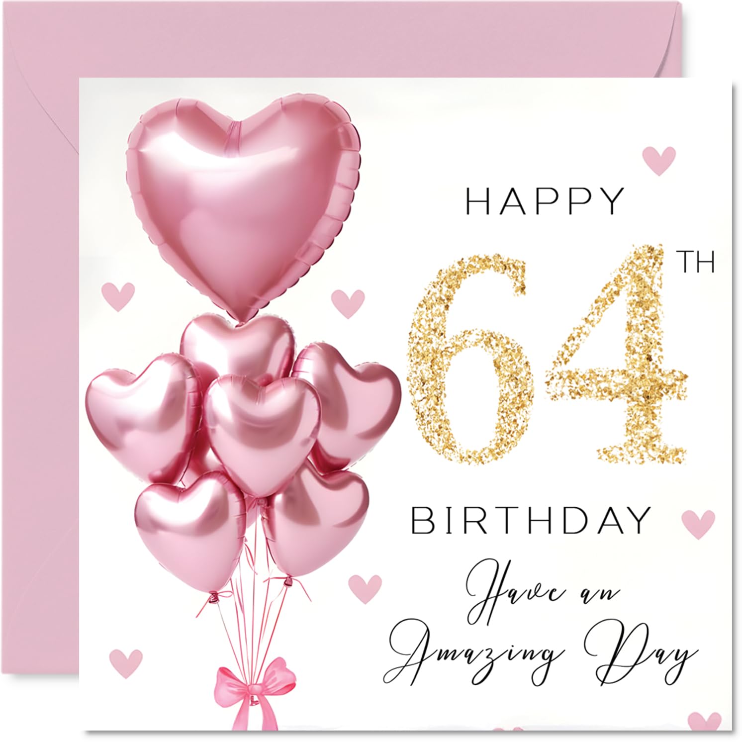 64th Birthday Cards for Women - Pink Glitter Balloons - Happy Birthday Card for 64 Year Old Woman Nan Neighbour Cousin Nanny, 145mm Bday Greeting Cards