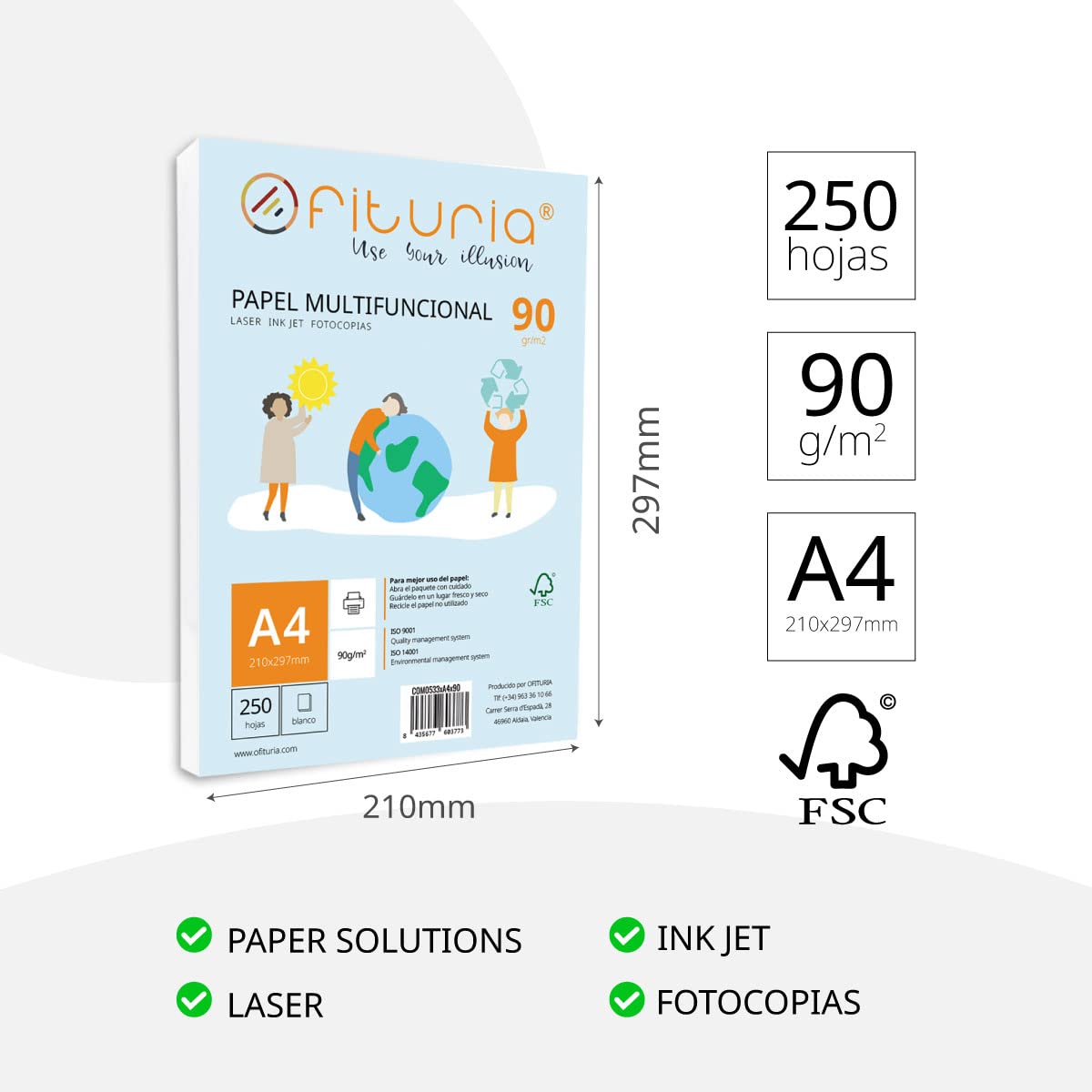 Paquete de folios A4 de 90gr con 250 Hojas Blancas, Papel Multifuncional para Uso Escolar y Entornos Laborales. Ideal con impresoras láser, de inyección o fotocopiadoras - Ofituria