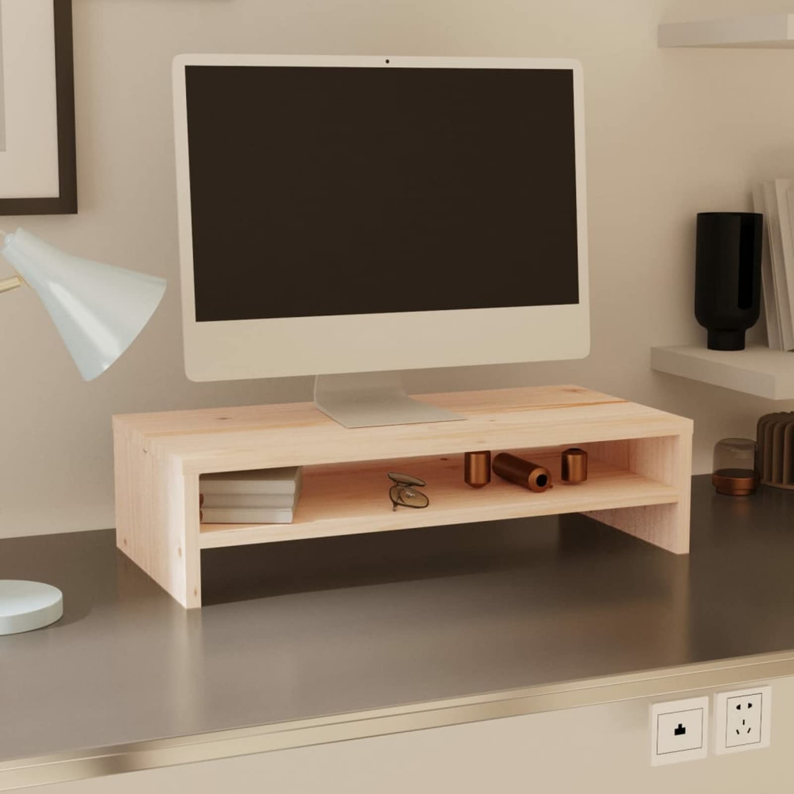 Supporto per monitor 50 x 24 x 13 cm in legno massello di pino, supporto da scrivania per monitor e computer portatili