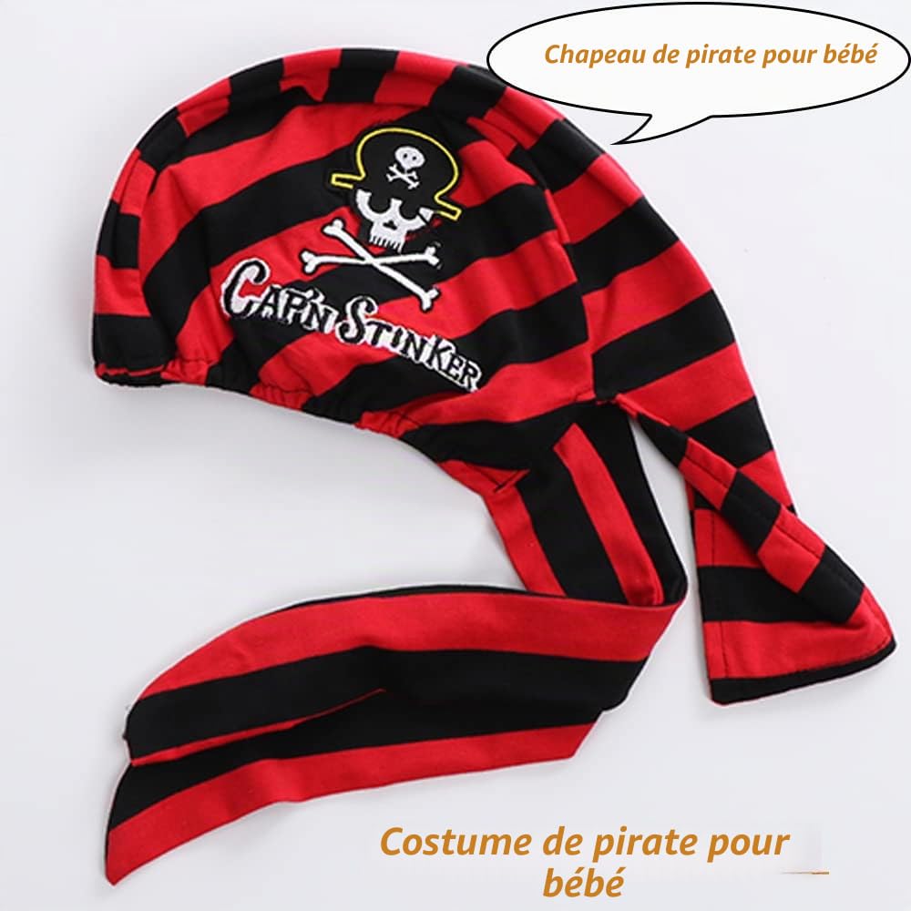 Costume de pirate pour bébé garçon - Costume d'Halloween - 4 pièces - Barboteuse, ceinture, gilet et chapeau - 12-36 mois