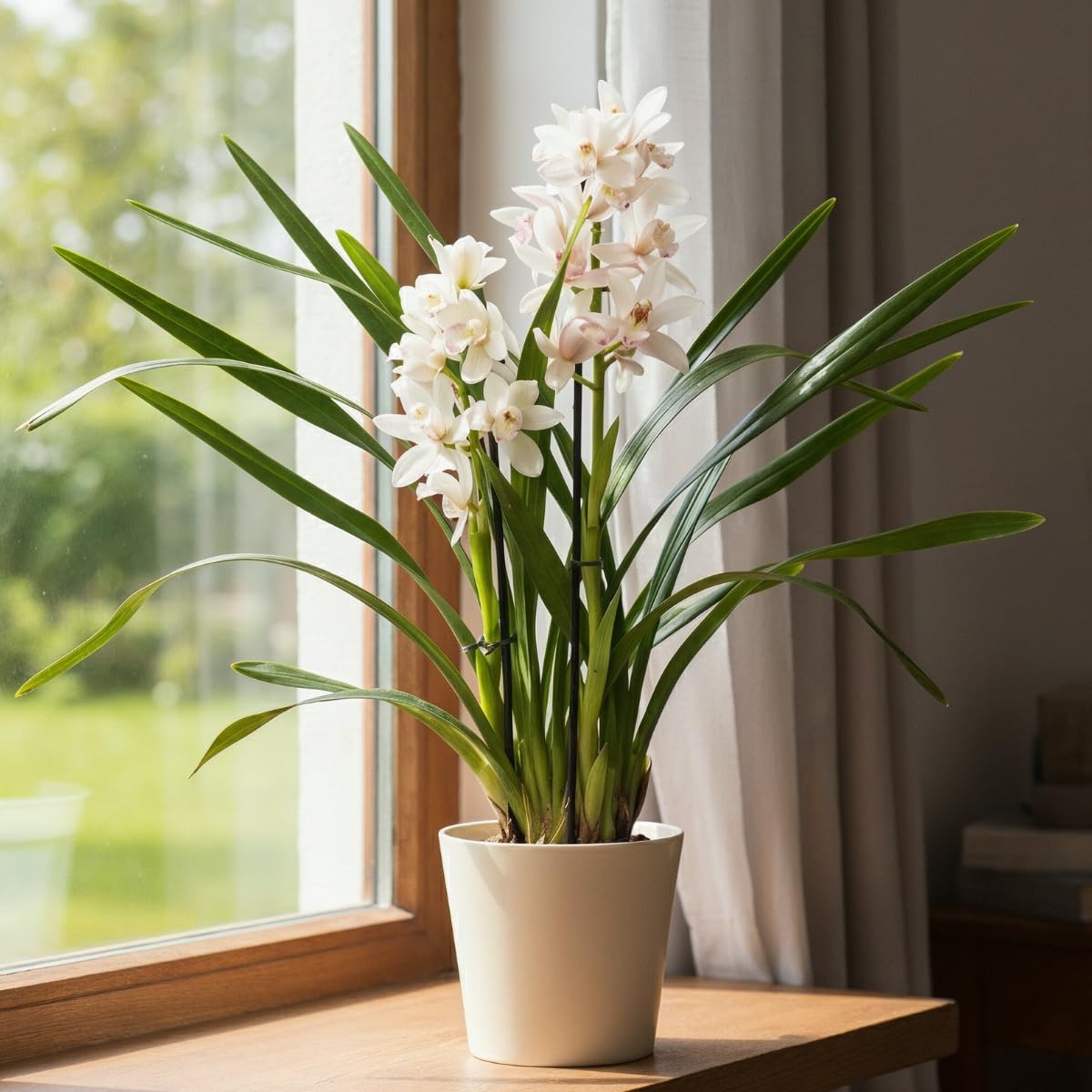 Orchideen Echte Pflanzen Weiße Cymbidium - 1 große Zimmerpflanze aus Holland - 60-70 cm hoch - 14 cm Topf - mit Blüten und duftend (Nicht künstlich, ohne Dünger und Topf, kein Samen, nicht winterhart)