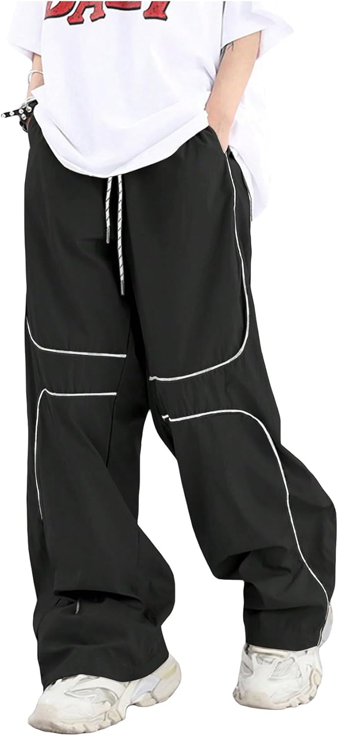 OYOANGLE Men's Drawstring Waist Casual Baggy Joggers Pants Loose Fit Straight Leg Pants