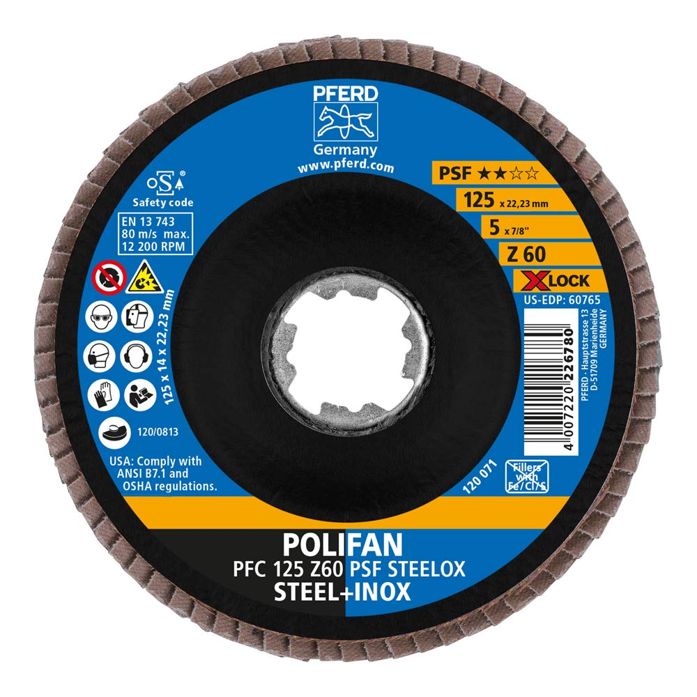 PFERD Dischi a ventaglio in POLIFAN, 10 pezzi, 125 mm, Z60, X-LOCK (22,23 mm), PSF STEELOX 67666126 – per un'elevata efficienza economica grazie alla lavorazione aggressiva con buona durata