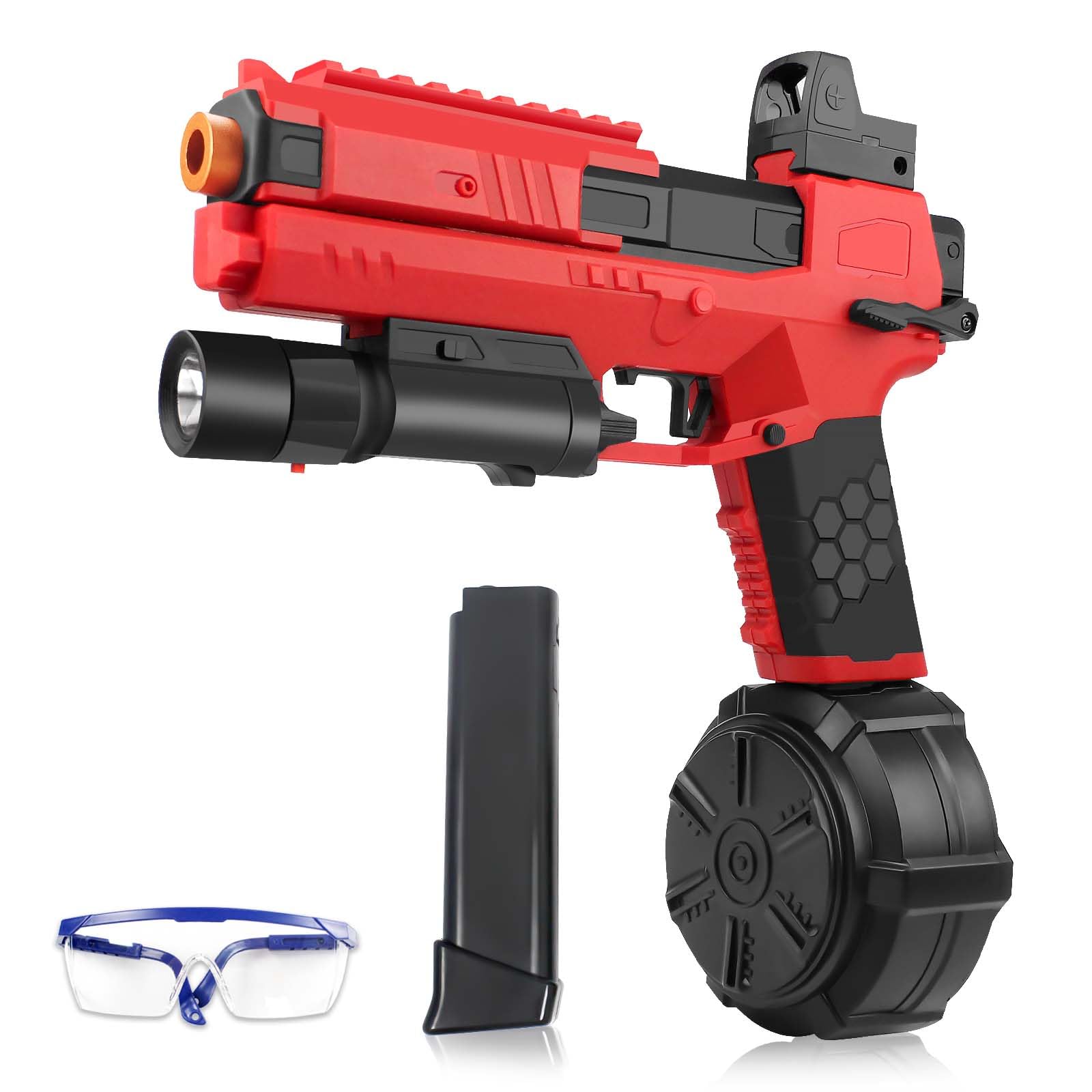 Gel Ball Blaster X6 Full Auto Splatter Blaster with Drum Long Hopper Light and Goggles Electric Splat Blaster Gel Toy for Outdoor New Upgrade Version Team Games Ages 14+ (Red)