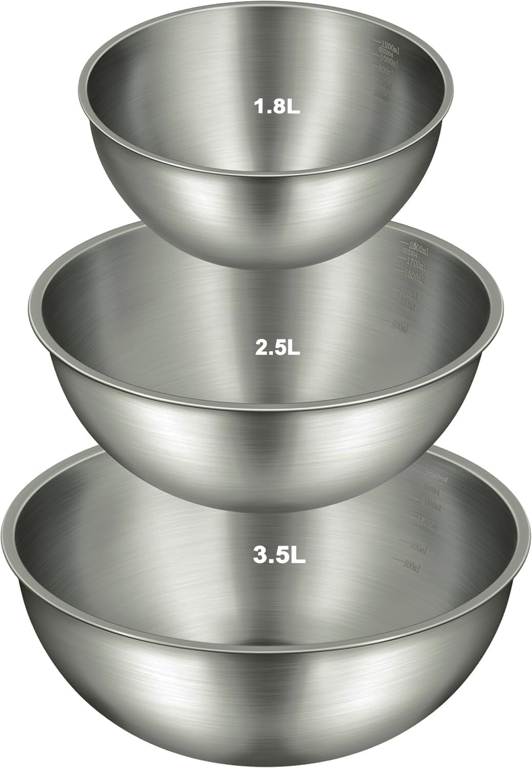 Yolemiko 3Pack Stainless Steel Mixing Bowls Set - Ideal for Baking, Dough Kneading, Food Prep, Salad Tossing & Kitchen Organization (1.8L+2.5L+3.5L)