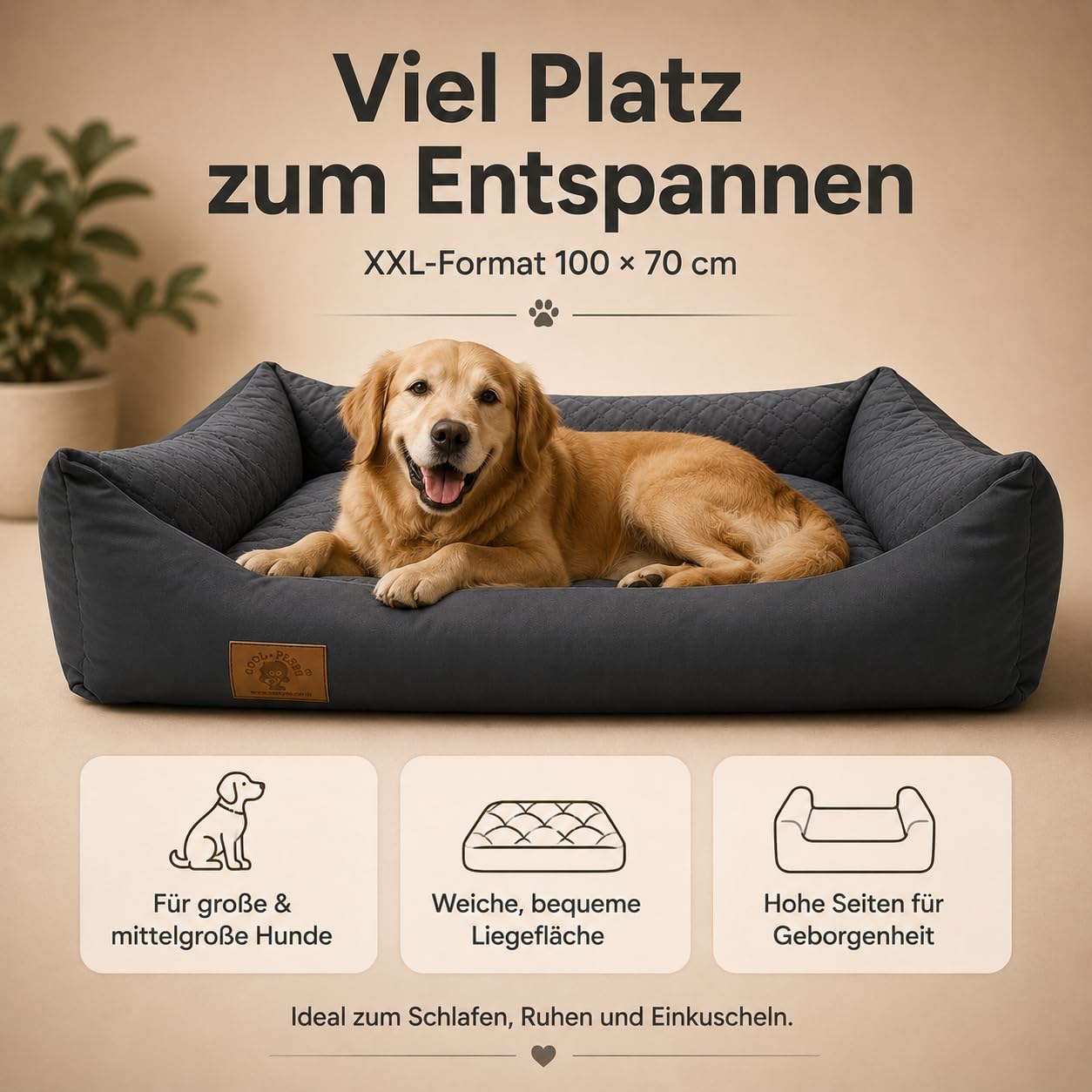 Odolplusz XXL Hundebett 100x70cm - Abnehmbarer, wasserdichter Bezug - Bequemer Hundekorb für große & mittelgroße Hunde - Waschbar & Robust