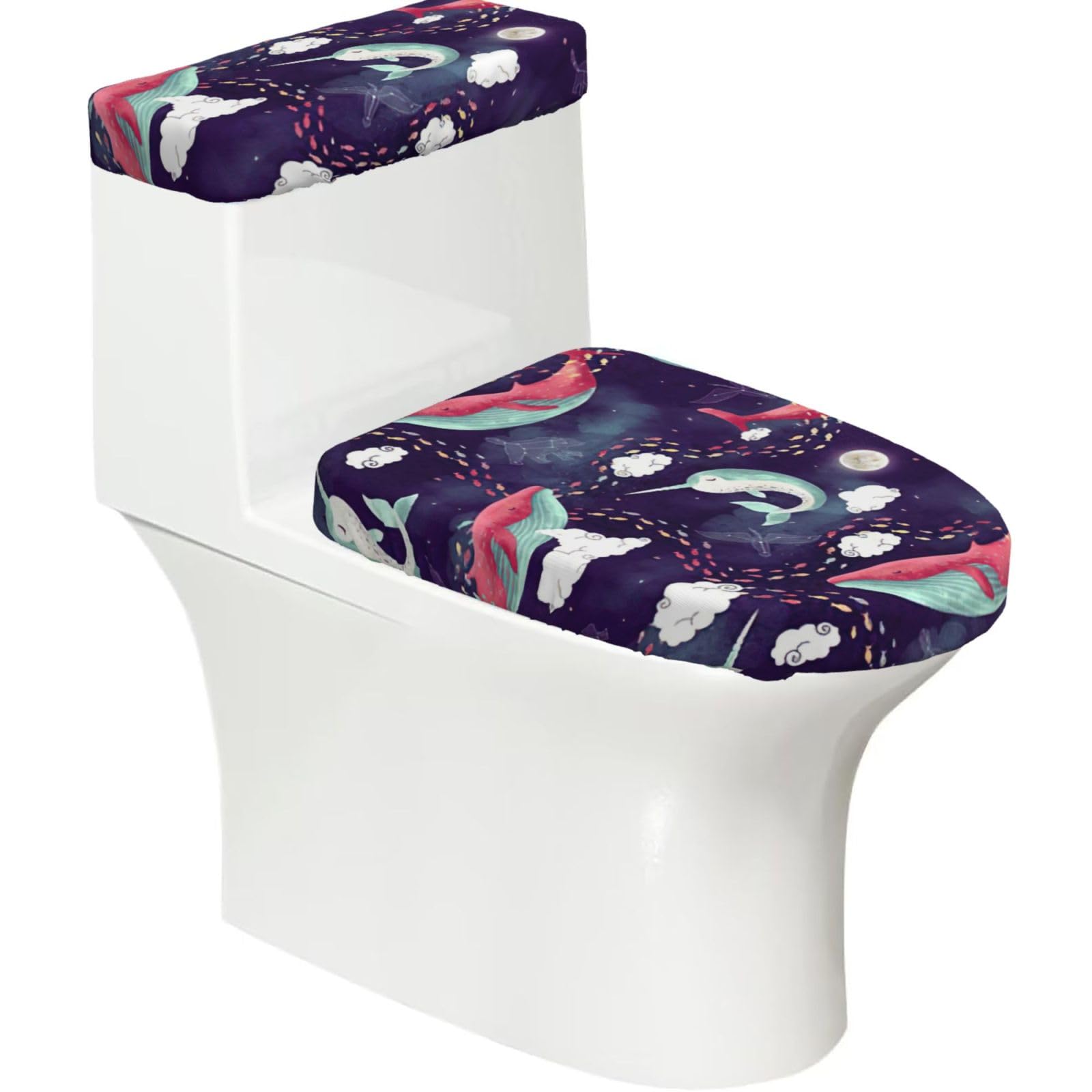 Whale Print 2-Piece Stretch Toilet Cover Set, Elastic Breathable Toilet Seat and Tank Lid Protector