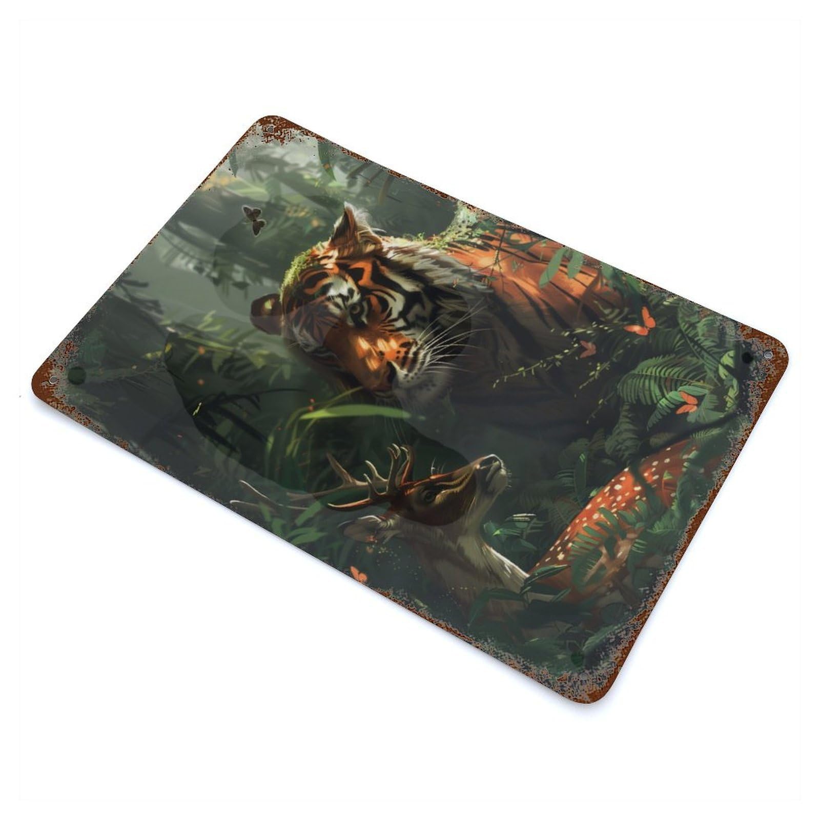 Rust Effect Tiger Deer Fairy Tale Weathered Tin Sign 11.8"x7.9", Novelty Wall Decor for Office, Studio And Wall Decor