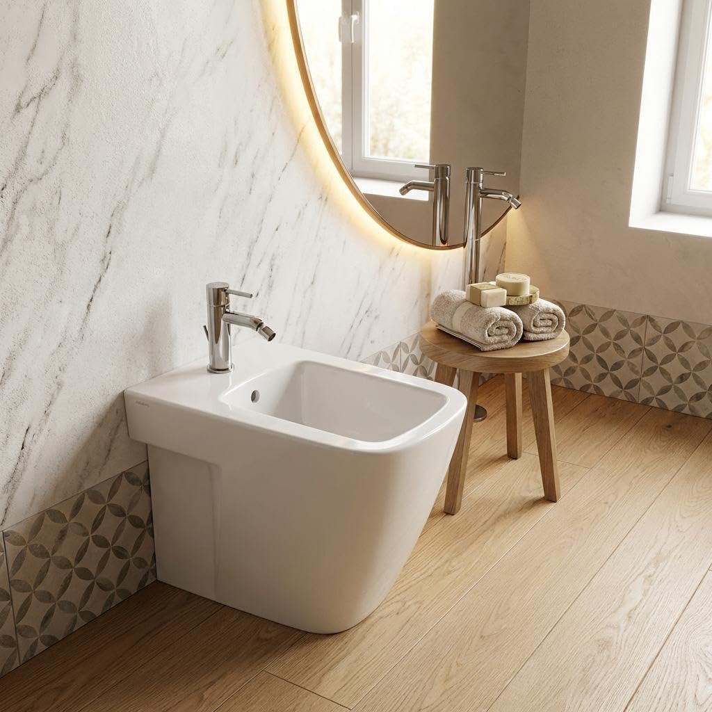 Bidé filomuro de cerámica blanca con fijaciones ocultas 36 x 54 cm – Mia | Cerámica Dolomita