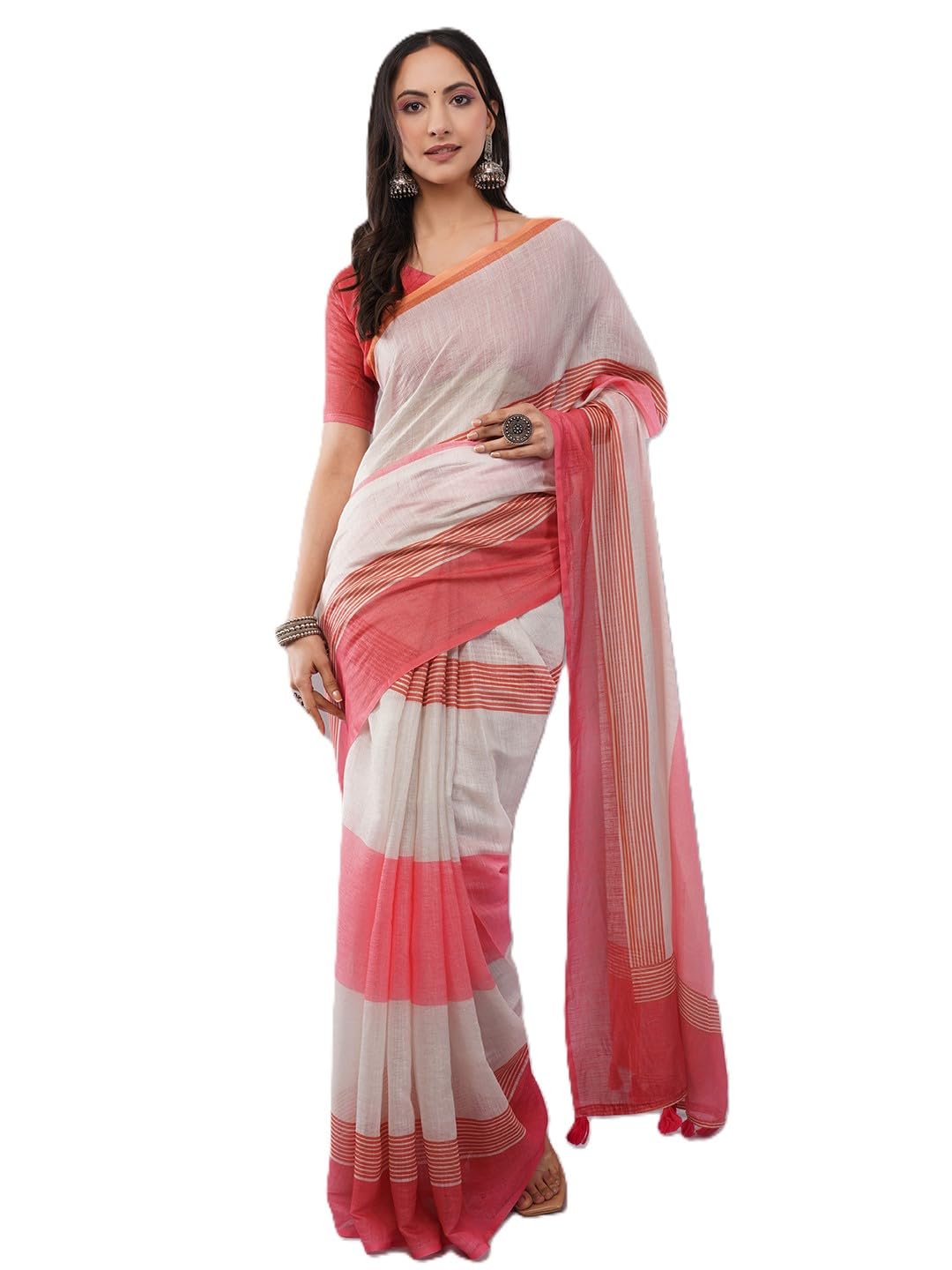SAMANTHA Linen Floral, Striped, check design Printed Saree with solid Unstitched Linen Blouse Piece-picture-35