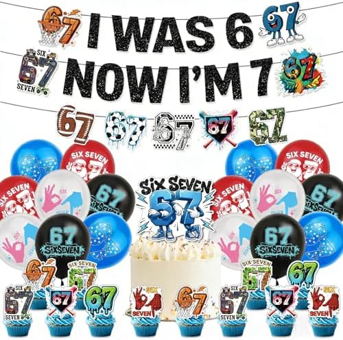 6 7 Birthday Decorations, 6 7 Meme Themed Decorations Set Includes Funny Happy Birthday Banner, Large Cake Topper, 12 Cupcake Toppers & 16 Balloons for Teens & Adults (Blue-black)