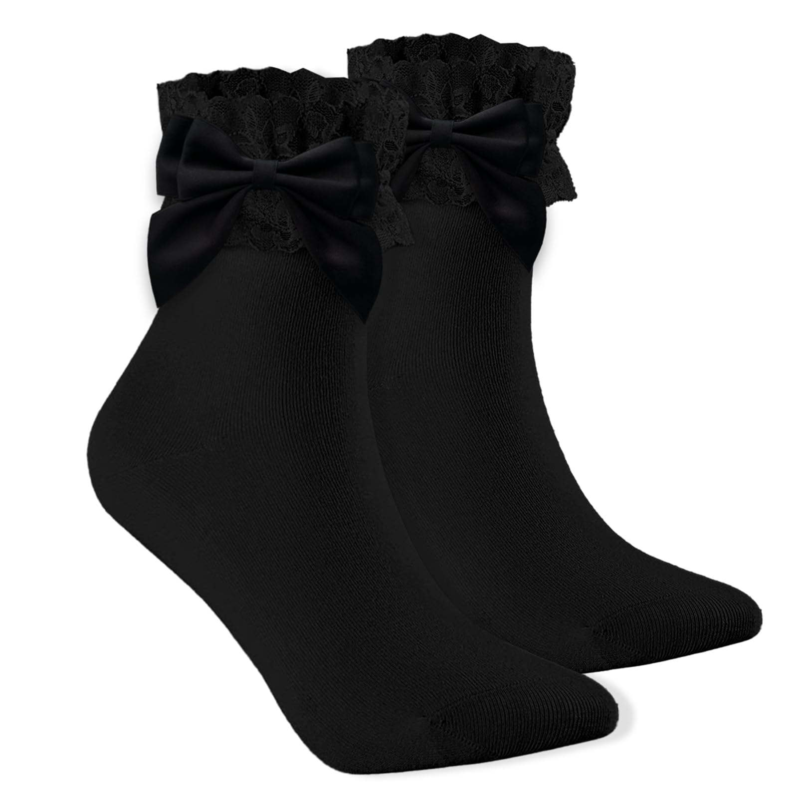 YSAOAKA 1 Pairs Frilly Socks Women, Frilly Socks Women, Black Lace Ruffle Bow Sock, Girls Ankle School Rich Lace Princess Dress Sock