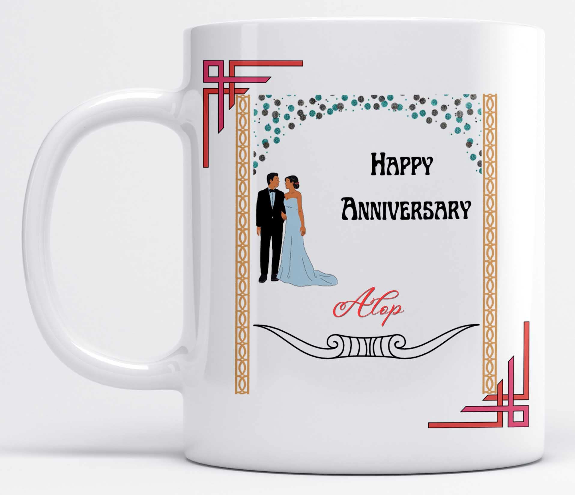 LOROFY Name Alop Printed Happy Anniversary Wish Design Ceramic Coffee Mug (350ML)