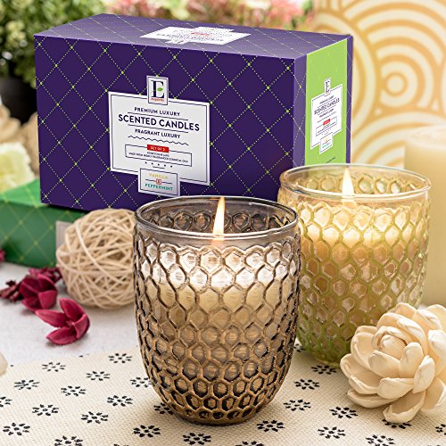 Premium Highly Scented Luxury Candles - Gift Set of 2 Beautiful Honeycomb Jars - Peppermint and Vanilla, Best Gift!