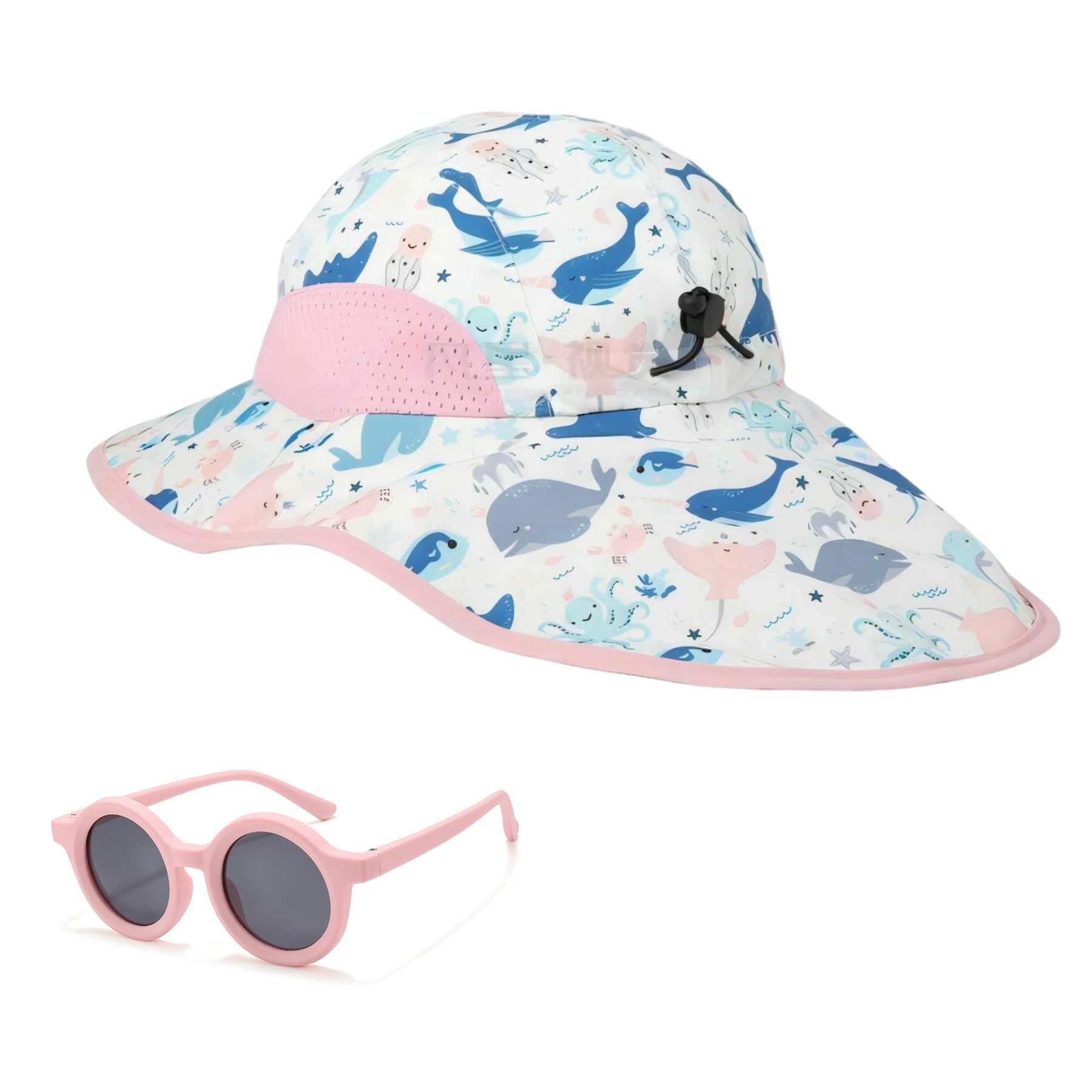 Toddler Sun Hats with Neck Flap Infant Baby Boys Girls Swim Hat with Sunglasses Kids UPF 50+ Beach Caps (2-6 Years, Pink Whale)