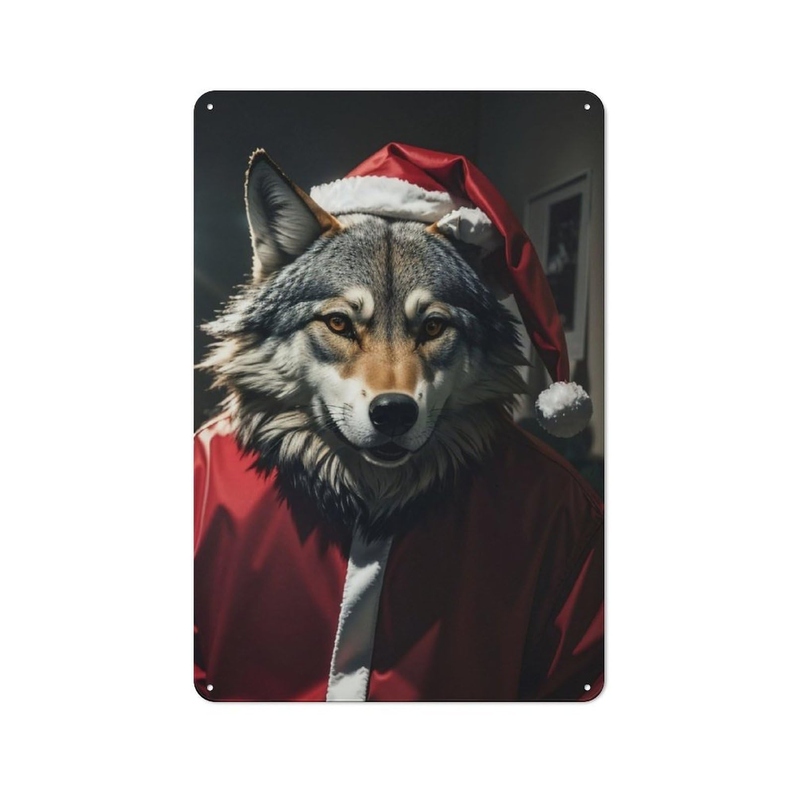 Wolf Santa Funny Metal Wall Plaque, Clean Printed Wall Decor for Home Bar, Pub Room Or Drinks Corner, 30x20cm