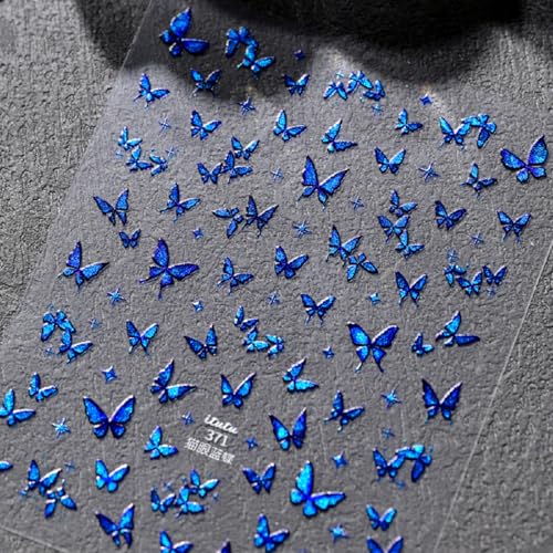 Image of Butterfly Nail Stickers Blue Nail Decals for Nails Art with Glitter Design Shiny Nail Art Stickers 5D Embossed Self Sdhesive for Women Girls Nails Decoration Accessories Supply