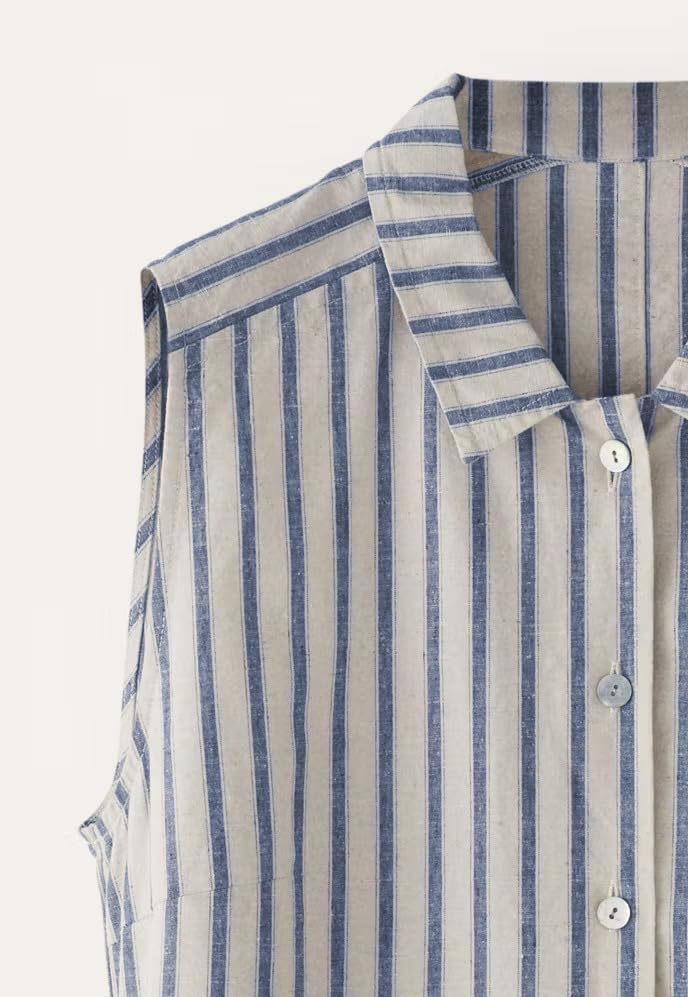 Image of Womens Spring Summer Button-Down Shirt Dress Cotton Striped Collared Tunics Sleeveless Tank Dress with Pocket