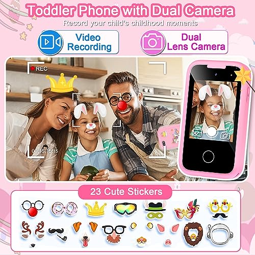 Image of Kids Phone for Girls Toys, Gifts for 3 4 5 6 7 8 9 Year Old Girls Boys | Christmas Birthday Kids Toys, Touchscreen Toddler Learning Cell Toy Phone with Dual Camera, Game, Music Player, 8GB Card Pink