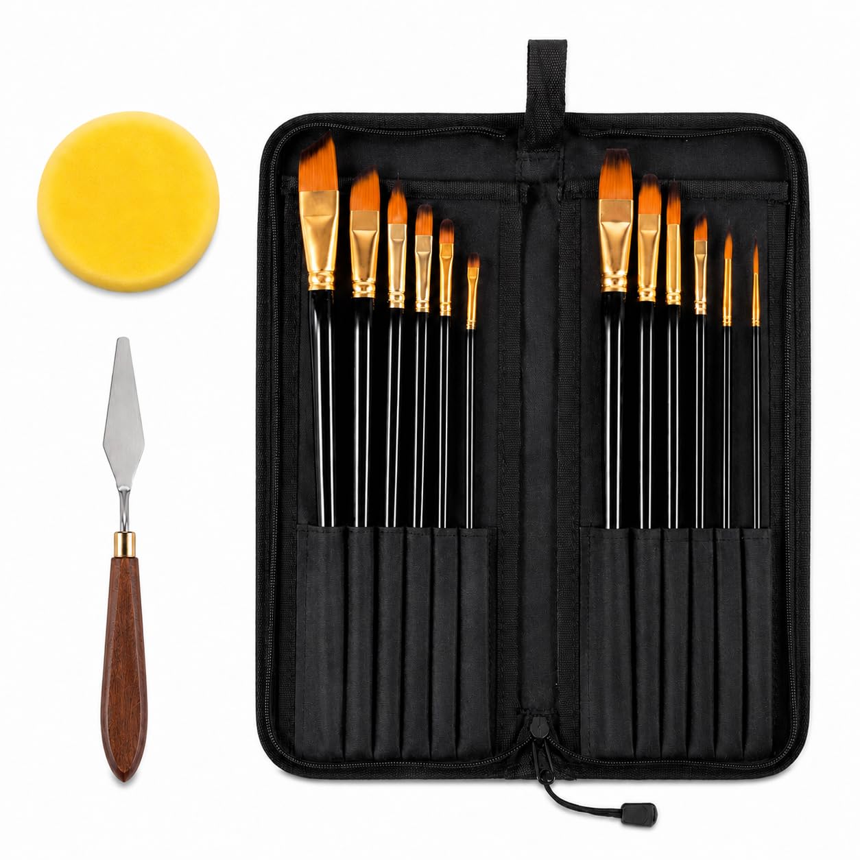 OCHITYYA Professional 12 Piece Artist Paint Brush Set with Palette Knife, Blending Sponge, Premium Synthetic Bristles, Assorted Brush Shapes, Portable Zipper Case for Acrylic & Watercolor-image-9